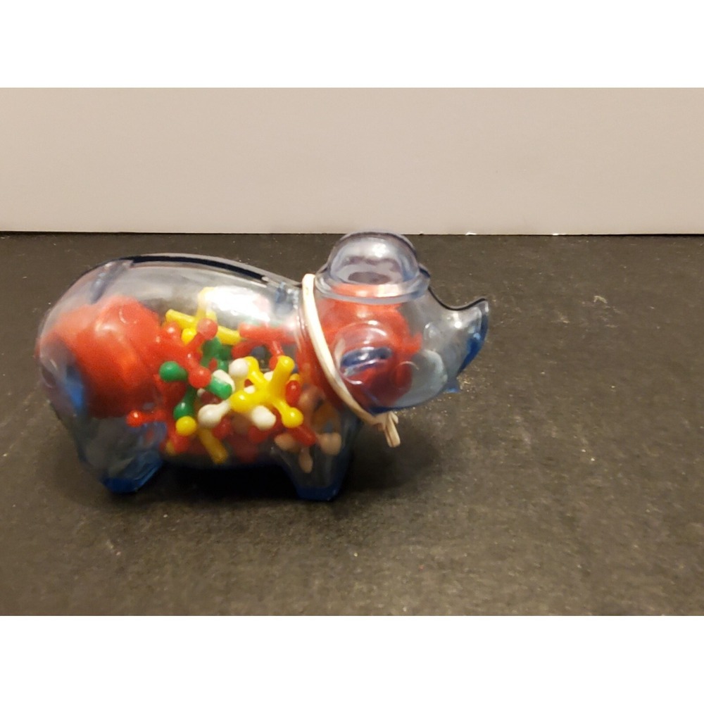 Vintage Blue Translucent Piggy Bank with Jacks Game Set‎ and Red Rubber Ball